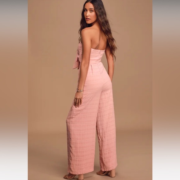 Lulus Perfect Weekend Mauve Strapless Tie-Front Wide-Leg Jumpsuit, size medium - Picture 8 of 13